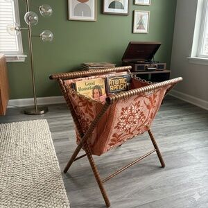 Vintage Mid-Century Modern Folding Magazine Rack Wood Floral Fabric Retro Boho